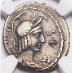 NGC VF M. Plaetorius Cestianus Ancient Roman Silver Denarius Coin circa 69 or 57 B.C.